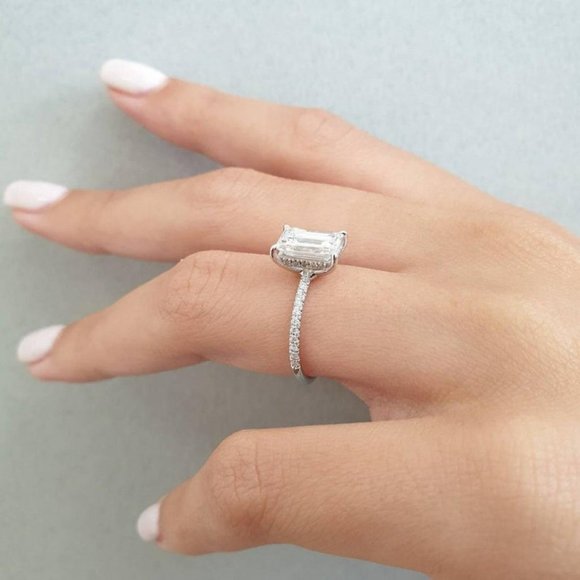 9*11 MM Emerald Cut Moissanite Ring With Diamond - Picture 3 of 3